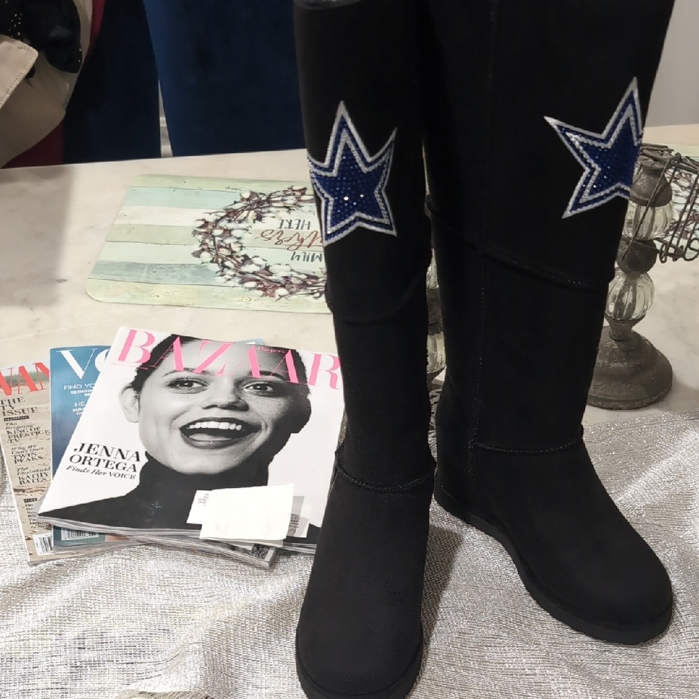 Women's Cowboys Black Knee-High Boots with Blue Dallas Star Design